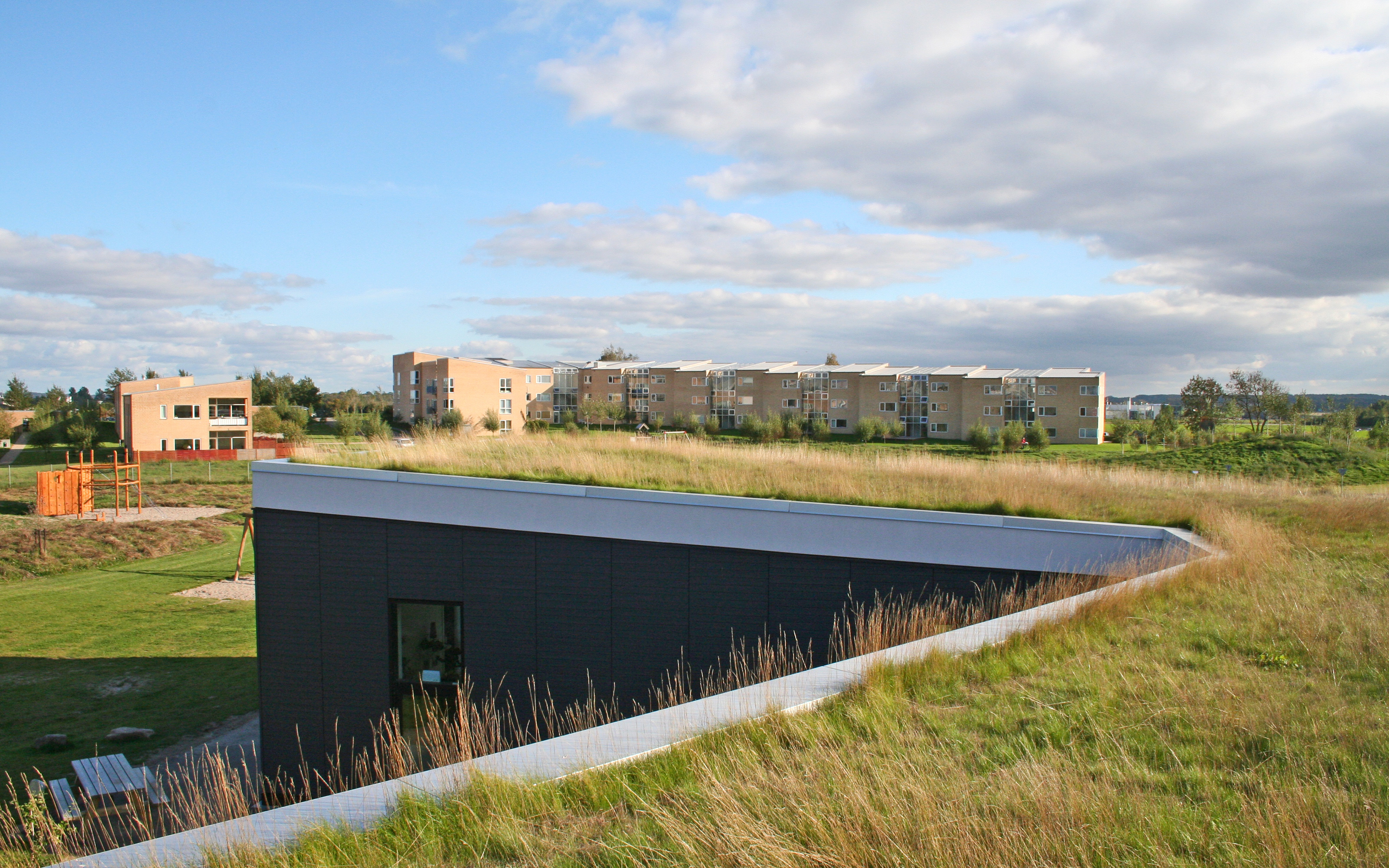 The roof of the day-care centre has an inclination of roughly 3 %. Building with a gras roof